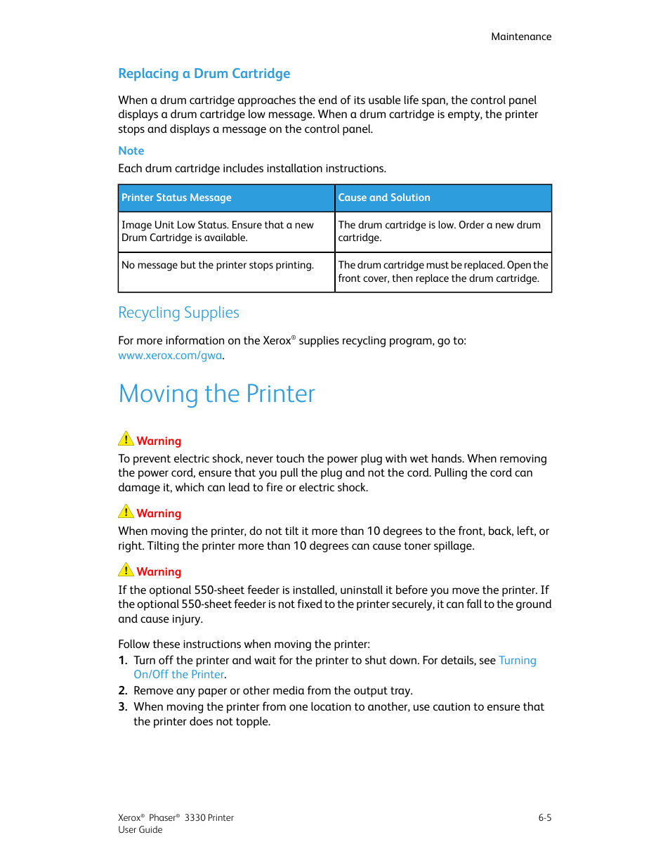 Replacing a drum cartridge, Recycling supplies, Moving the printer | Replacing a drum cartridge -5, Recycling supplies -5, Moving the printer -5 | Xerox Phaser 3330 User Manual | Page 67 / 114
