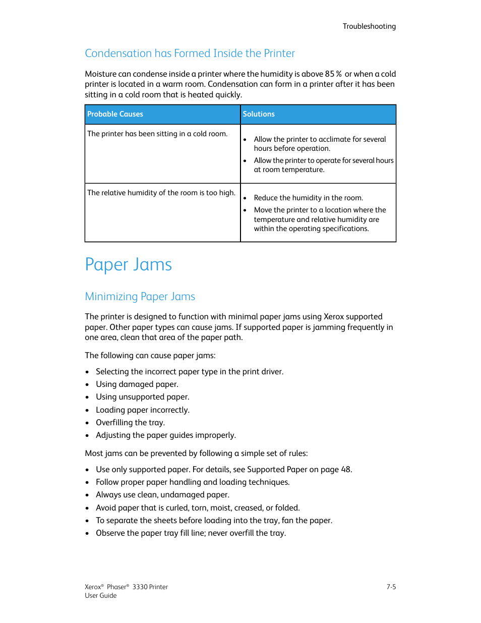 Condensation has formed inside the printer, Paper jams, Minimizing paper jams | Condensation has formed inside the printer -5, Paper jams -5, Minimizing paper jams -5 | Xerox Phaser 3330 User Manual | Page 73 / 114