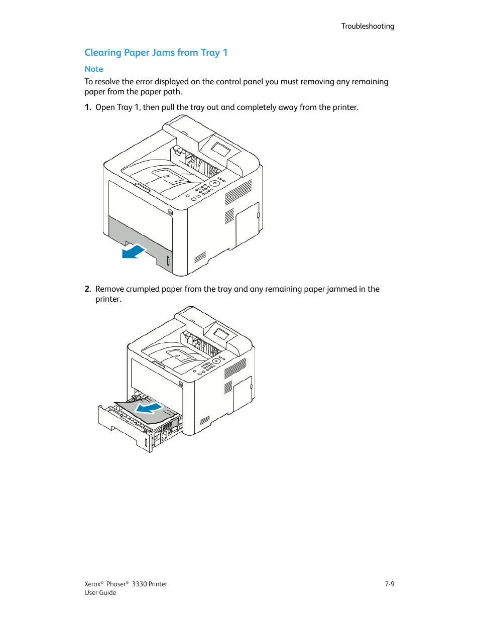 Clearing paper jams from tray 1, Clearing paper jams from tray 1 -9 | Xerox Phaser 3330 User Manual | Page 77 / 114