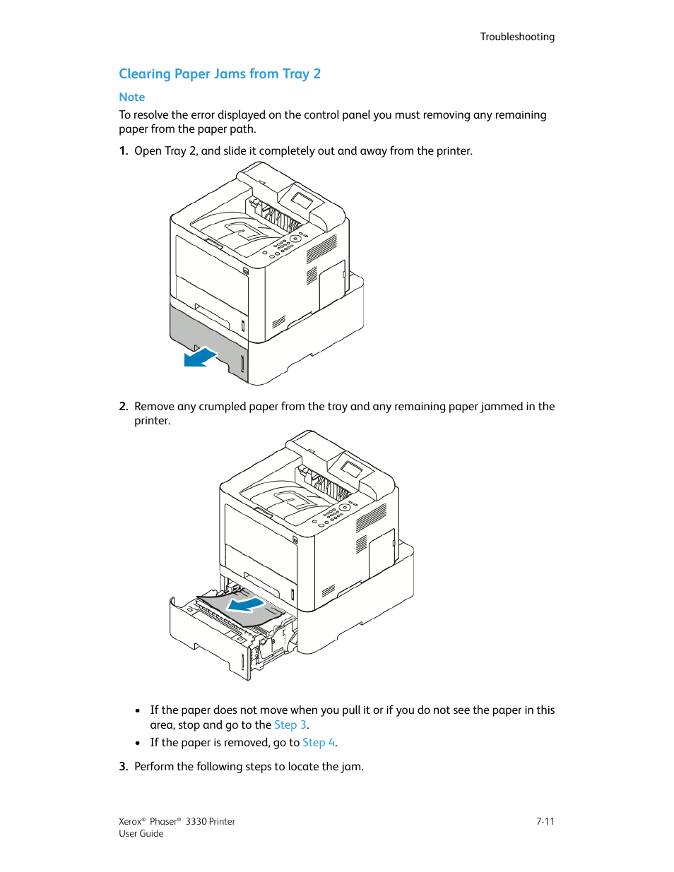 Clearing paper jams from tray 2, Clearing paper jams from tray 2 -11 | Xerox Phaser 3330 User Manual | Page 79 / 114
