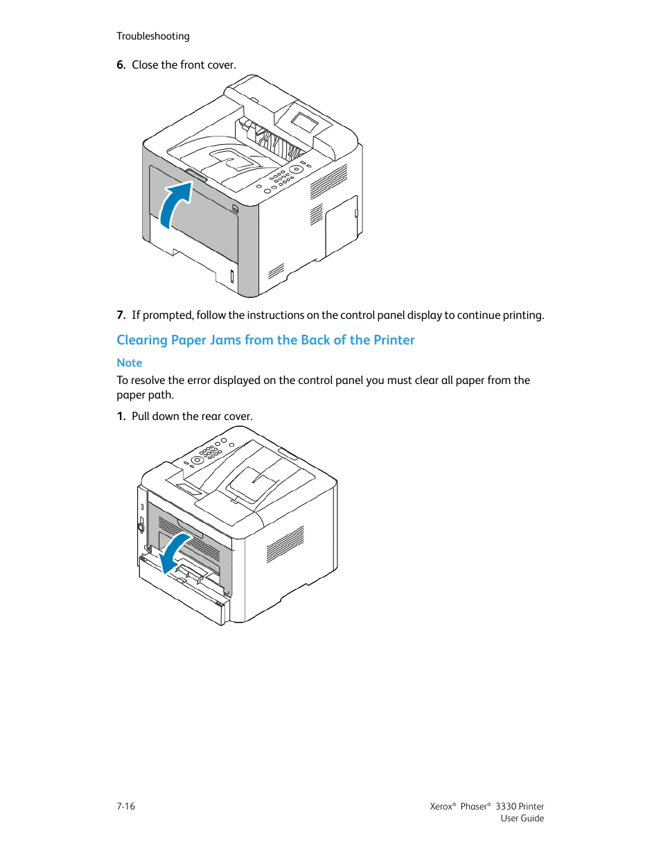 Clearing paper jams from the back of the printer | Xerox Phaser 3330 User Manual | Page 84 / 114