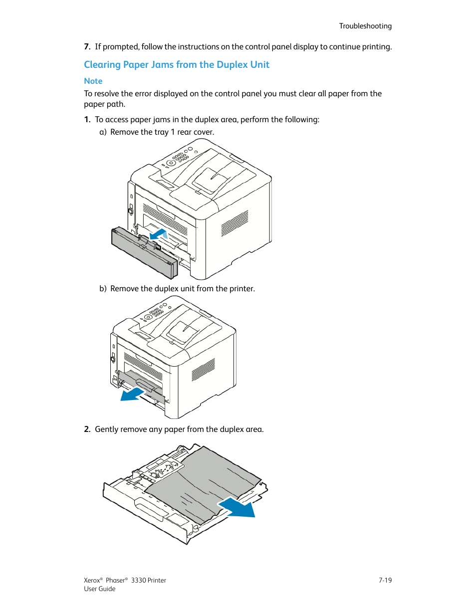 Clearing paper jams from the duplex unit, Clearing paper jams from the duplex unit -19 | Xerox Phaser 3330 User Manual | Page 87 / 114