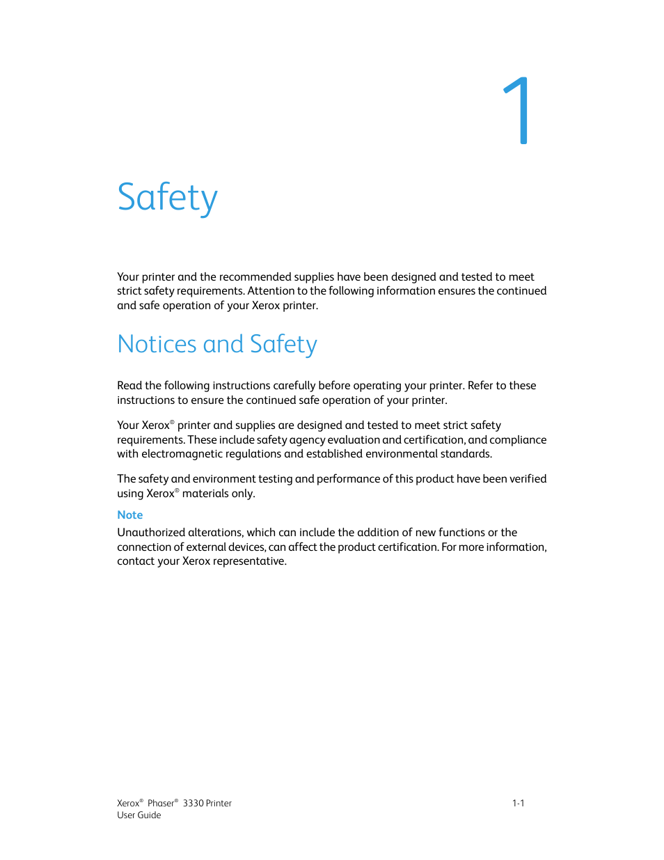 Safety, Notices and safety, 1 safety -1 | Notices and safety -1 | Xerox Phaser 3330 User Manual | Page 9 / 114