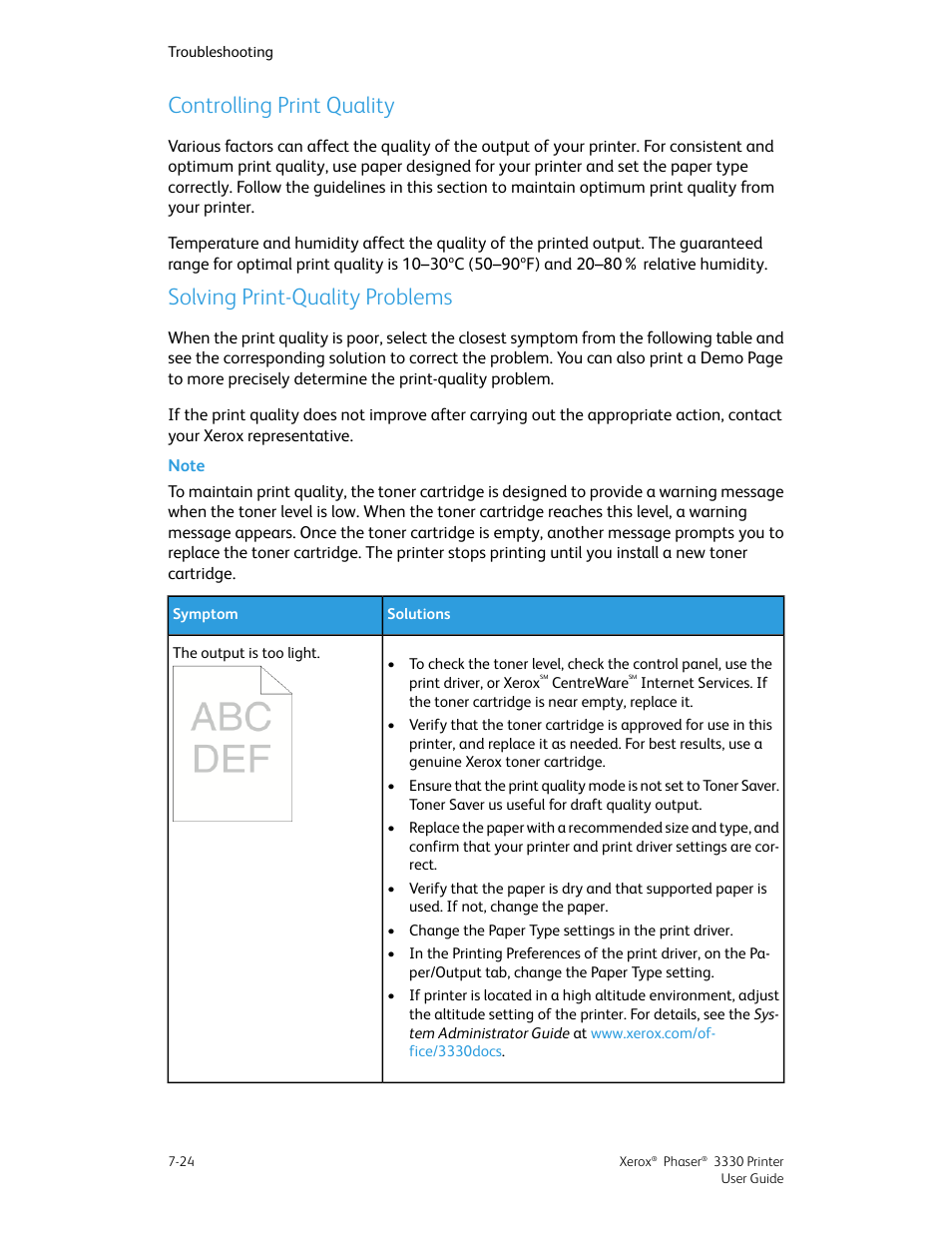 Controlling print quality, Solving print-quality problems | Xerox Phaser 3330 User Manual | Page 92 / 114