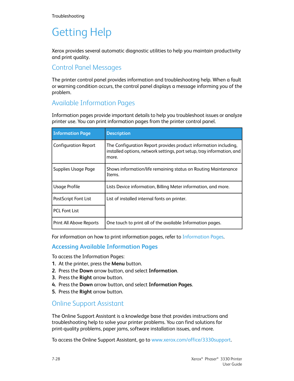 Getting help, Control panel messages, Online support assistant | Getting help -28, Online support assistant -28, Available information pages, Accessing available information pages | Xerox Phaser 3330 User Manual | Page 96 / 114