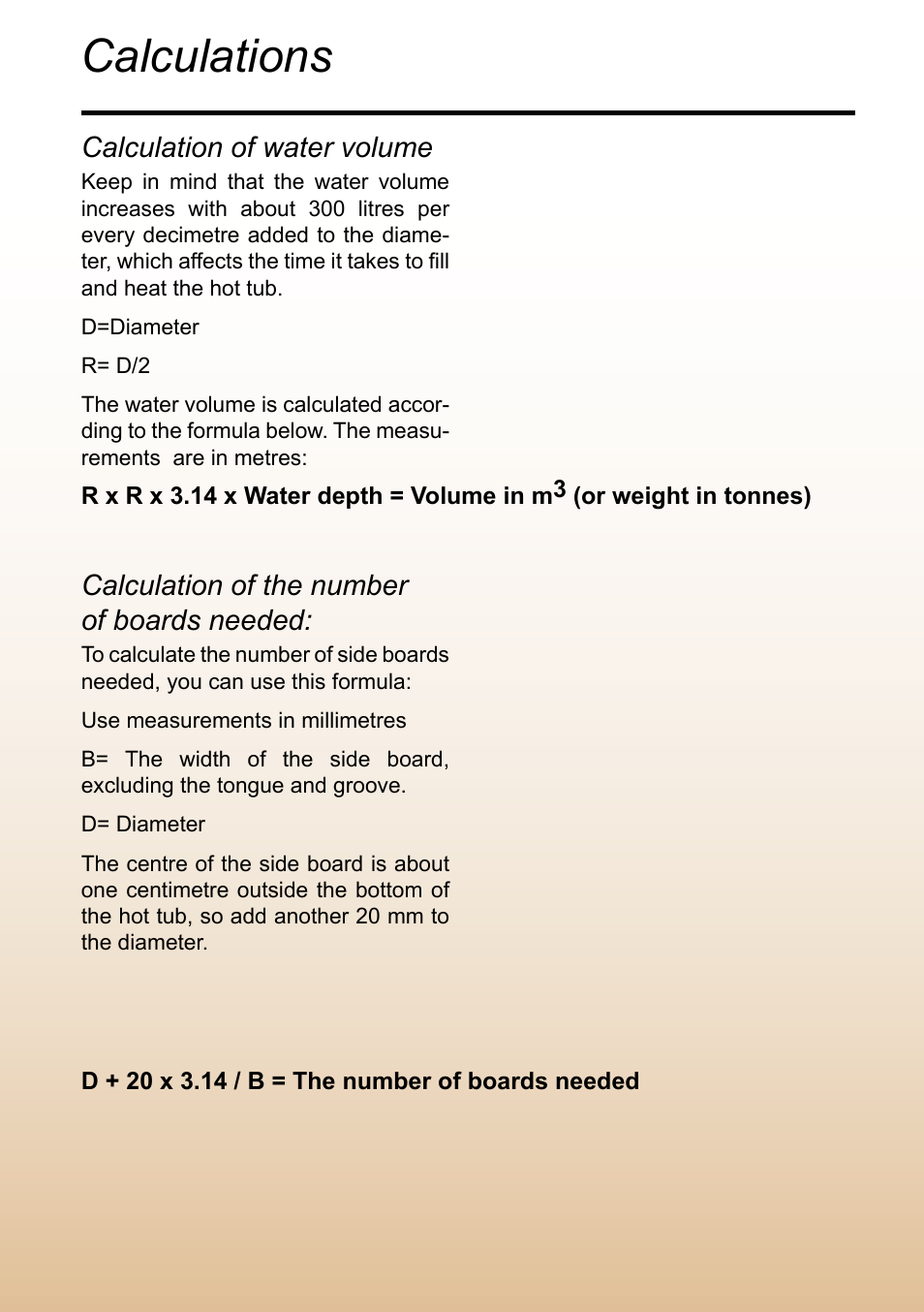 Calculations, Calculation of water volume, Calculation of the number of boards needed | Logosol M8 User Manual | Page 35 / 40