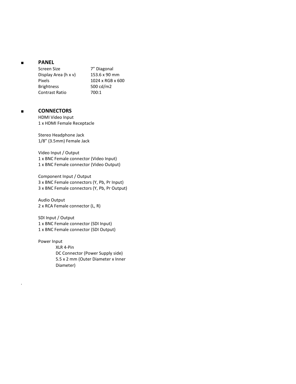 Specifications | Marshall Electronics V-LCD70-AFHD User Manual | Page 13 / 16