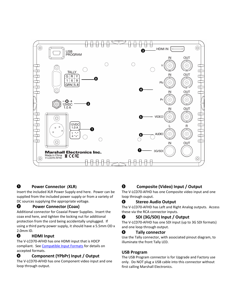 Rear panel features | Marshall Electronics V-LCD70-AFHD User Manual | Page 7 / 16