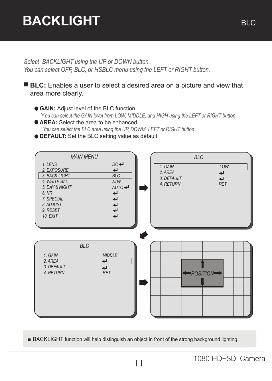 Backlight, 1080 hd-sdi camera | Marshall Electronics CV342-CSB / CS User Manual | Page 11 / 28