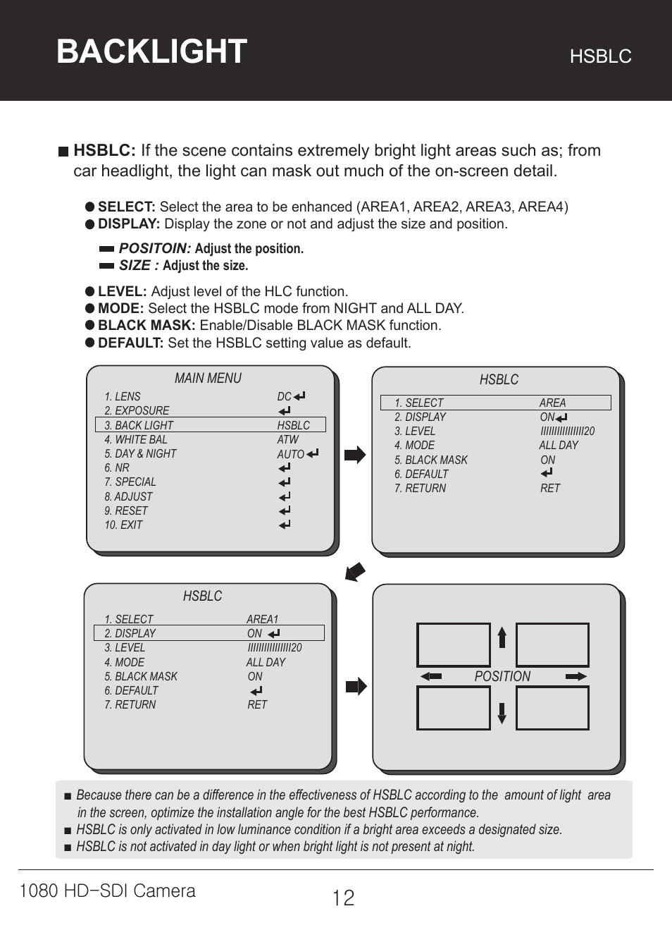 Backlight, Hsblc, 1080 hd-sdi camera | Marshall Electronics CV342-CSB / CS User Manual | Page 12 / 28