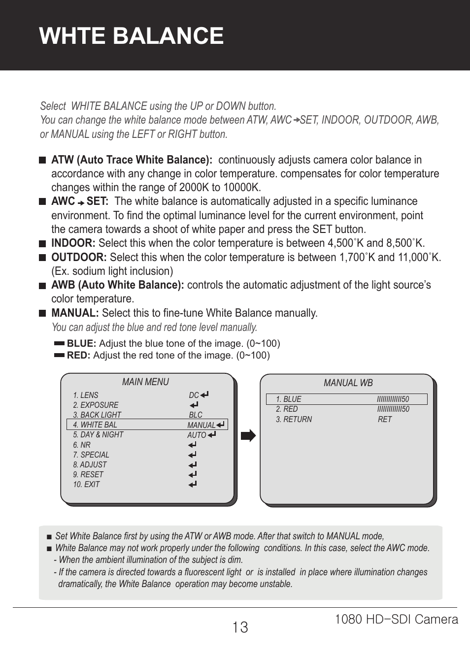 Whte balance, 1080 hd-sdi camera | Marshall Electronics CV342-CSB / CS User Manual | Page 13 / 28