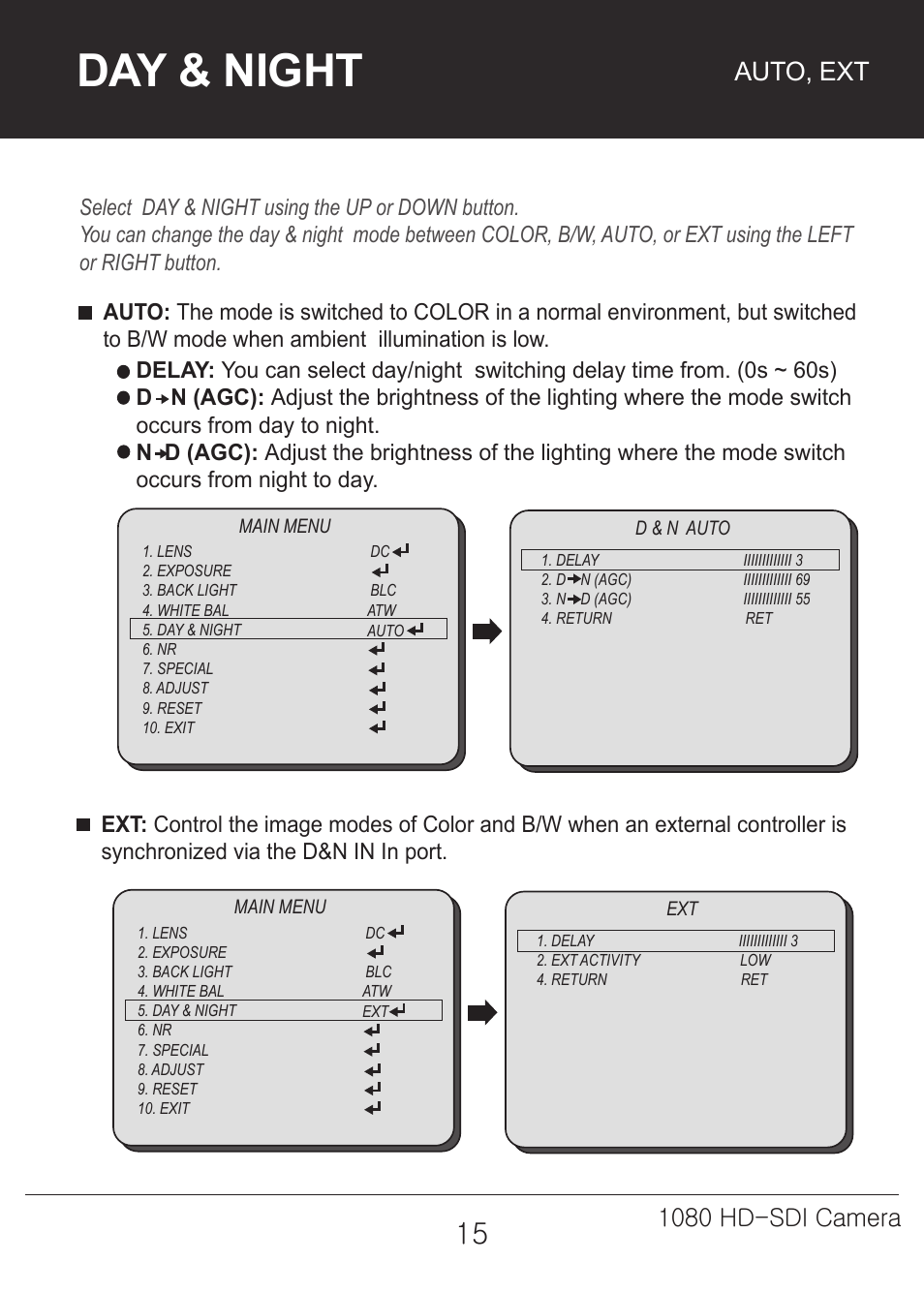 Day & night, Auto, ext, 1080 hd-sdi camera | Marshall Electronics CV342-CSB / CS User Manual | Page 15 / 28