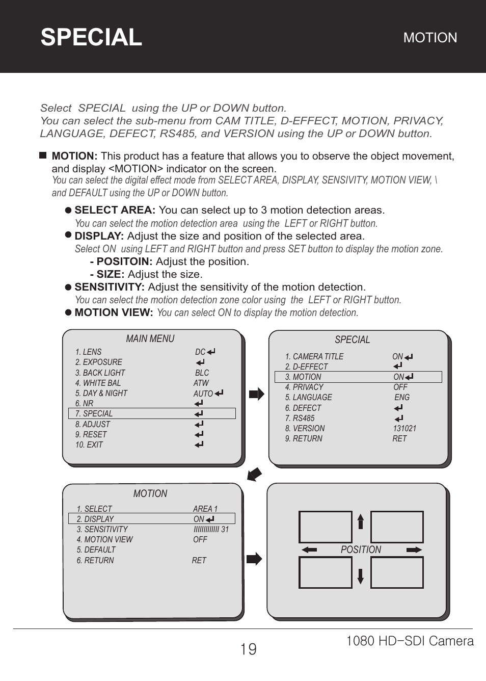 Special, Motion, 1080 hd-sdi camera | Marshall Electronics CV342-CSB / CS User Manual | Page 19 / 28