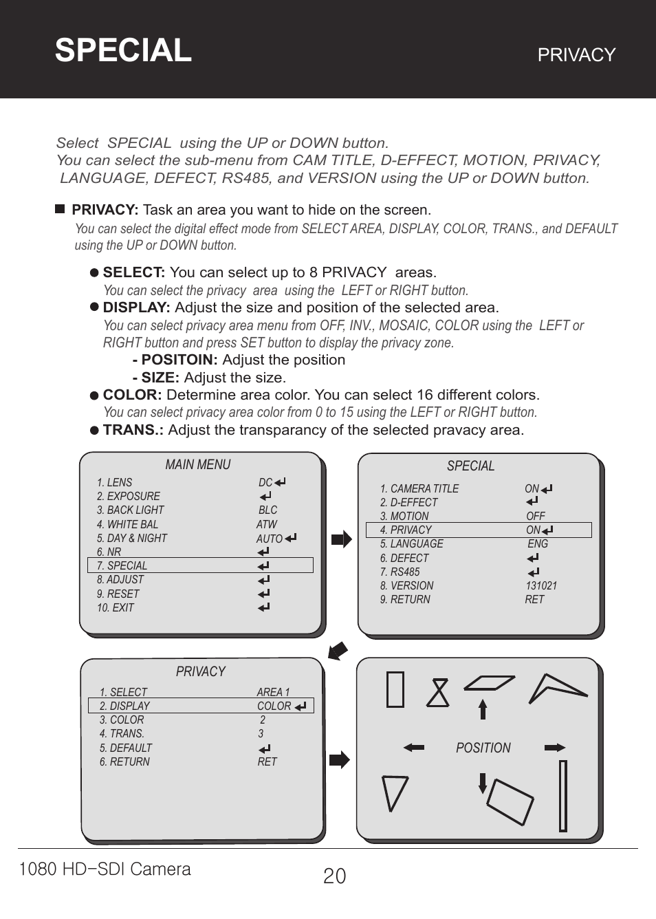 Special, Privacy, 1080 hd-sdi camera | Marshall Electronics CV342-CSB / CS User Manual | Page 20 / 28