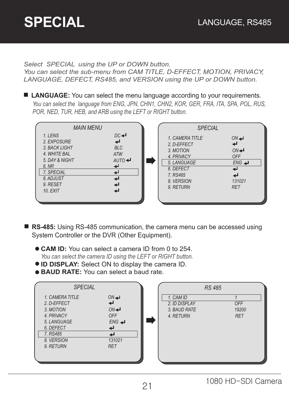 Special, Language, rs485, 1080 hd-sdi camera | Marshall Electronics CV342-CSB / CS User Manual | Page 21 / 28