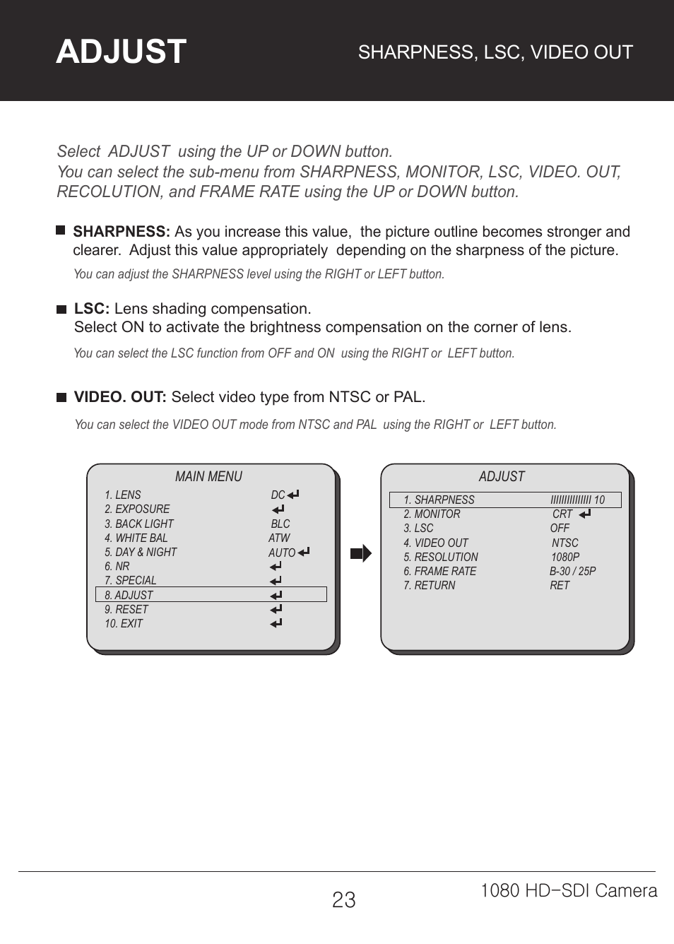 Adjust, Sharpness, lsc, video out, 1080 hd-sdi camera | Marshall Electronics CV342-CSB / CS User Manual | Page 23 / 28