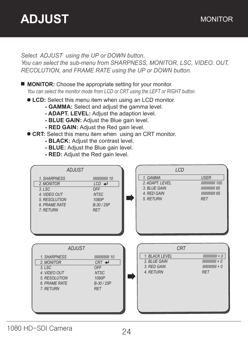 Adjust, Monitor, 1080 hd-sdi camera | Marshall Electronics CV342-CSB / CS User Manual | Page 24 / 28
