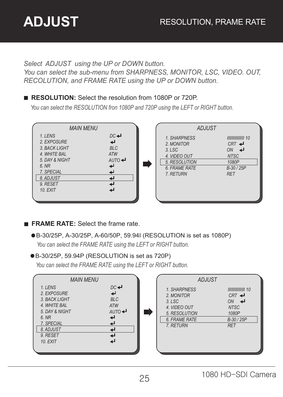 Adjust, Resolution, prame rate, 1080 hd-sdi camera | Marshall Electronics CV342-CSB / CS User Manual | Page 25 / 28