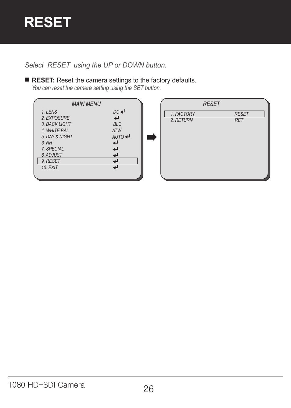 Reset, 1080 hd-sdi camera | Marshall Electronics CV342-CSB / CS User Manual | Page 26 / 28