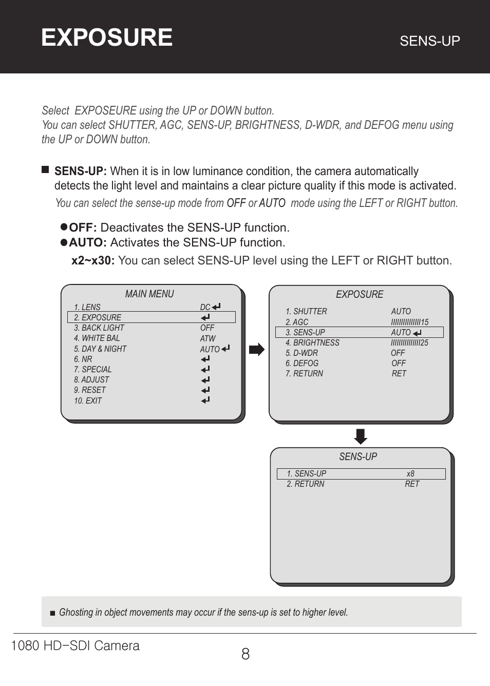 Exposure, Sens-up, 1080 hd-sdi camera | Marshall Electronics CV342-CSB / CS User Manual | Page 8 / 28