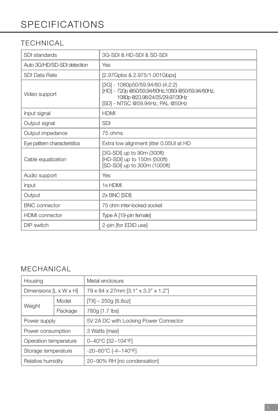 Specifications, Technical mechanical | Marshall Electronics VAC-12HS User Manual | Page 5 / 8