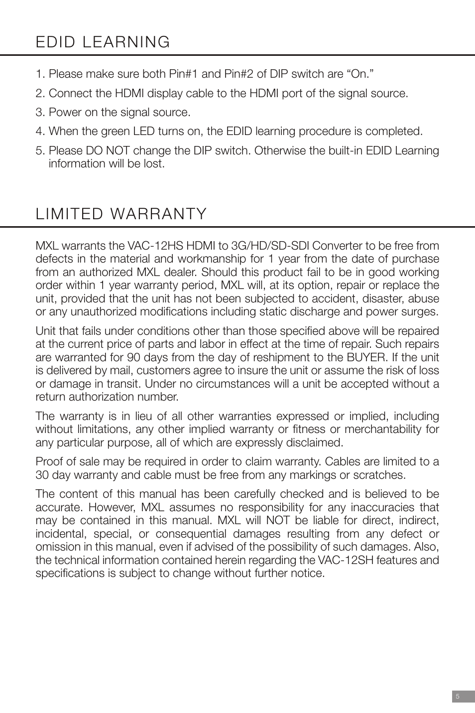 Edid learning, Limited warranty | Marshall Electronics VAC-12HS User Manual | Page 7 / 8