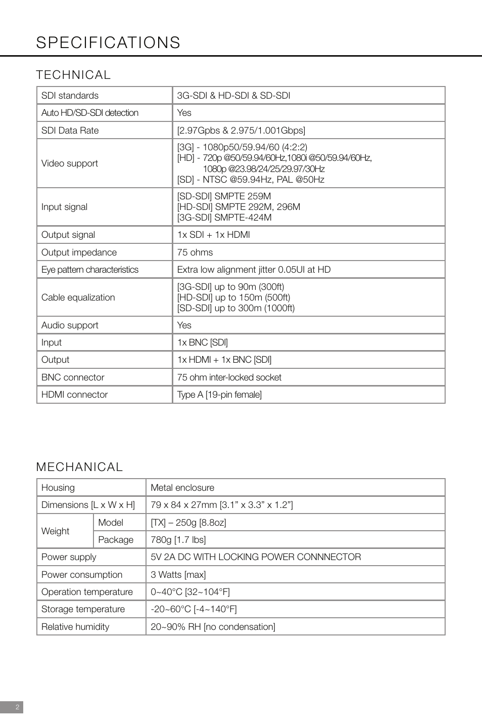 Specifications, Technical mechanical | Marshall Electronics VAC-12SH User Manual | Page 4 / 8