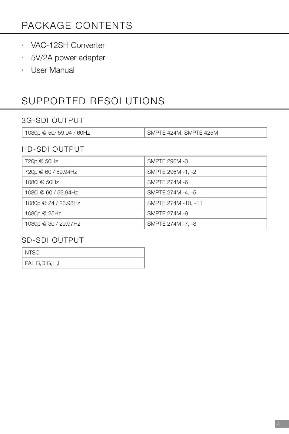 Package contents supported resolutions, Vac-12sh converter 5v/2a power adapter user manual | Marshall Electronics VAC-12SH User Manual | Page 5 / 8