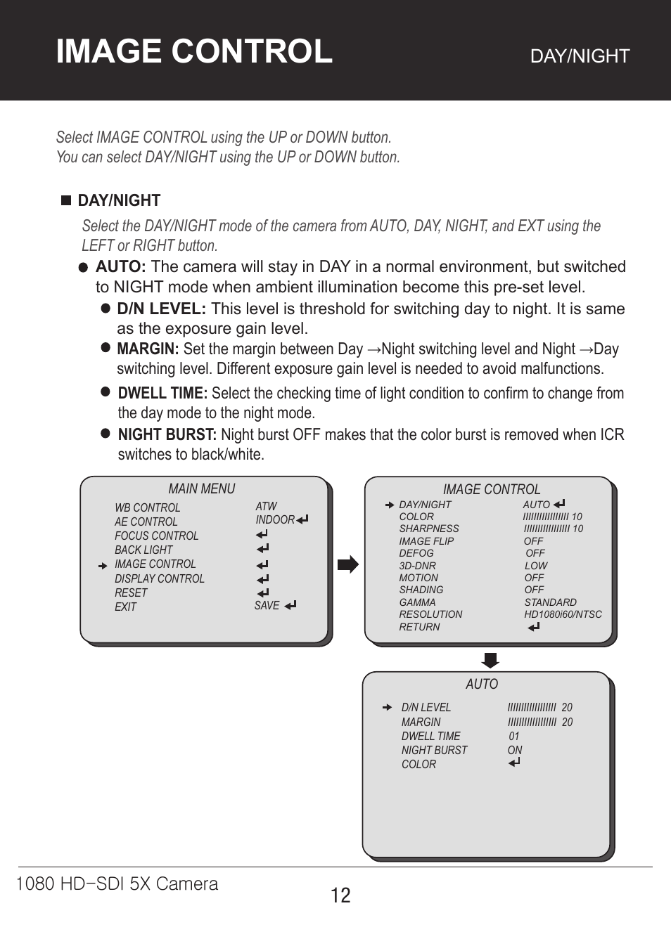 5x-카메라매뉴얼-12, Image control, Day/night | Marshall Electronics CV350-5X User Manual | Page 12 / 24