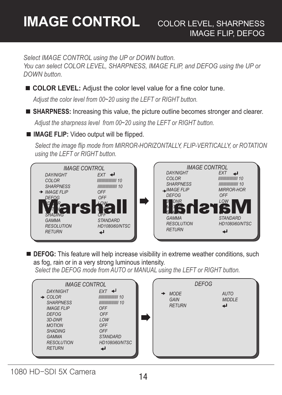 5x-카메라매뉴얼-14, Image control, Color level, sharpness image flip, defog | Marshall Electronics CV350-5X User Manual | Page 14 / 24