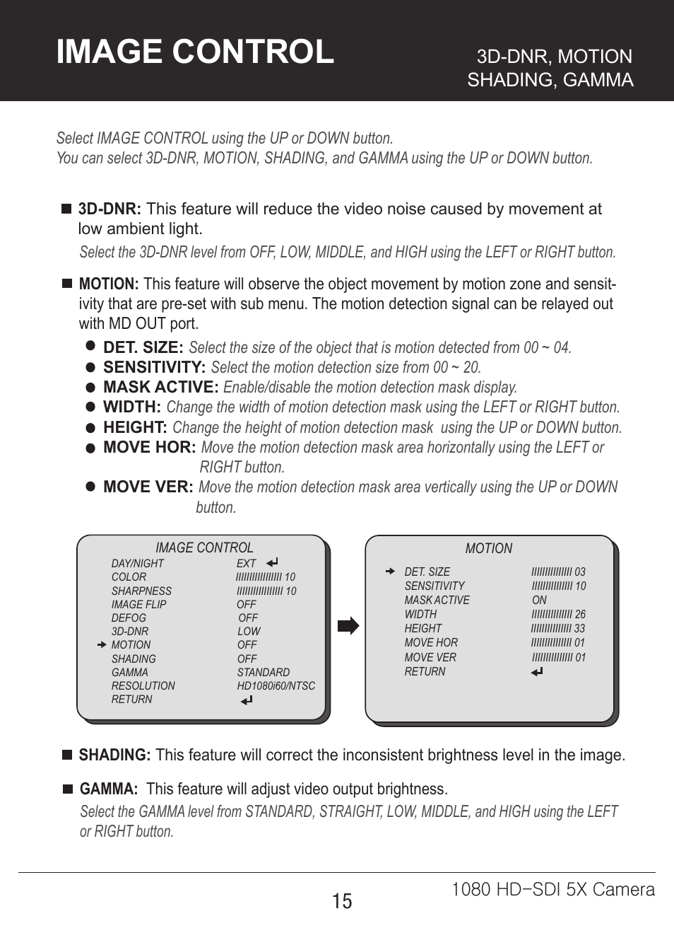 5x-카메라매뉴얼-15, Image control, 3d-dnr, motion shading, gamma | Marshall Electronics CV350-5X User Manual | Page 15 / 24