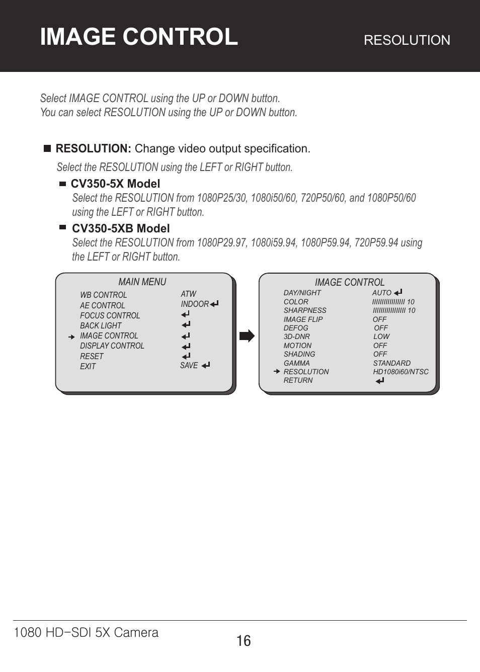 5x-카메라매뉴얼-16, Image control, Resolution | Marshall Electronics CV350-5X User Manual | Page 16 / 24