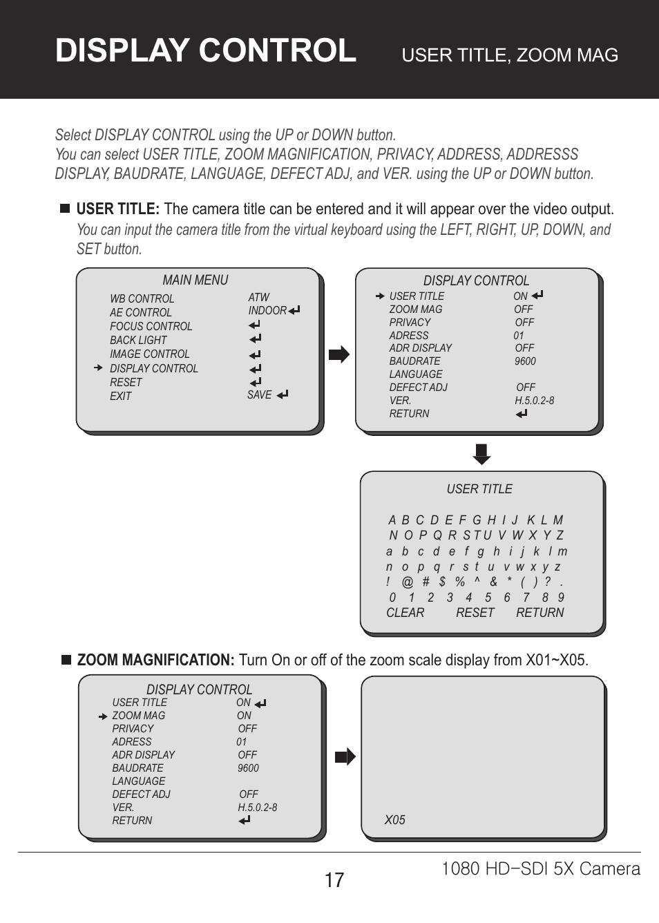 5x-카메라매뉴얼-17, Display control, User title, zoom mag | Marshall Electronics CV350-5X User Manual | Page 17 / 24