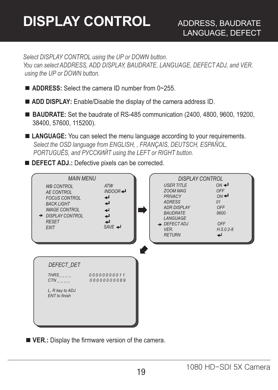 5x-카메라매뉴얼-19, Display control, Address, baudrate language, defect | Marshall Electronics CV350-5X User Manual | Page 19 / 24