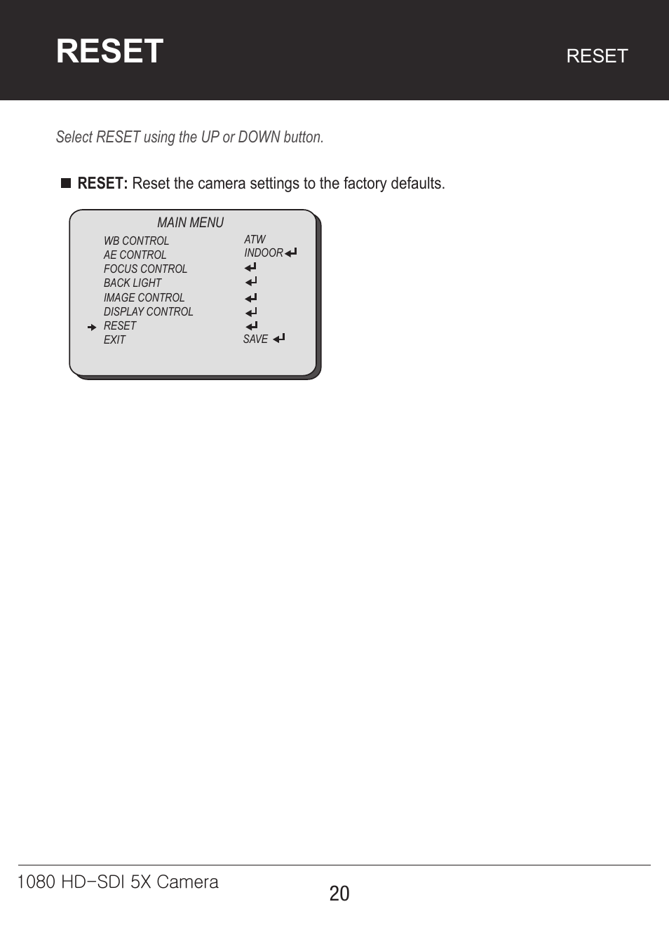 5x-카메라매뉴얼-20, Reset | Marshall Electronics CV350-5X User Manual | Page 20 / 24