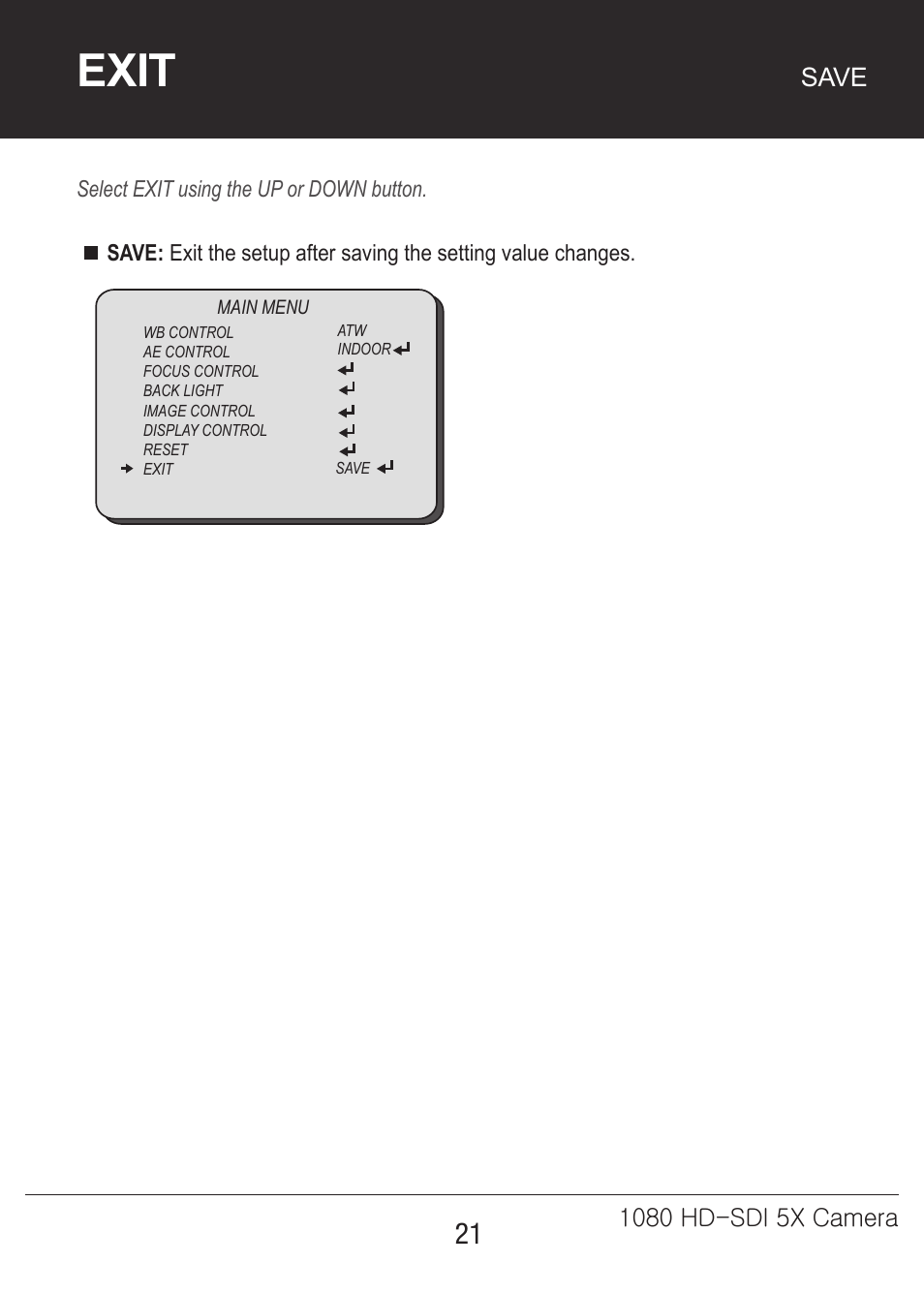 5x-카메라매뉴얼-21, Exit, Save | Marshall Electronics CV350-5X User Manual | Page 21 / 24