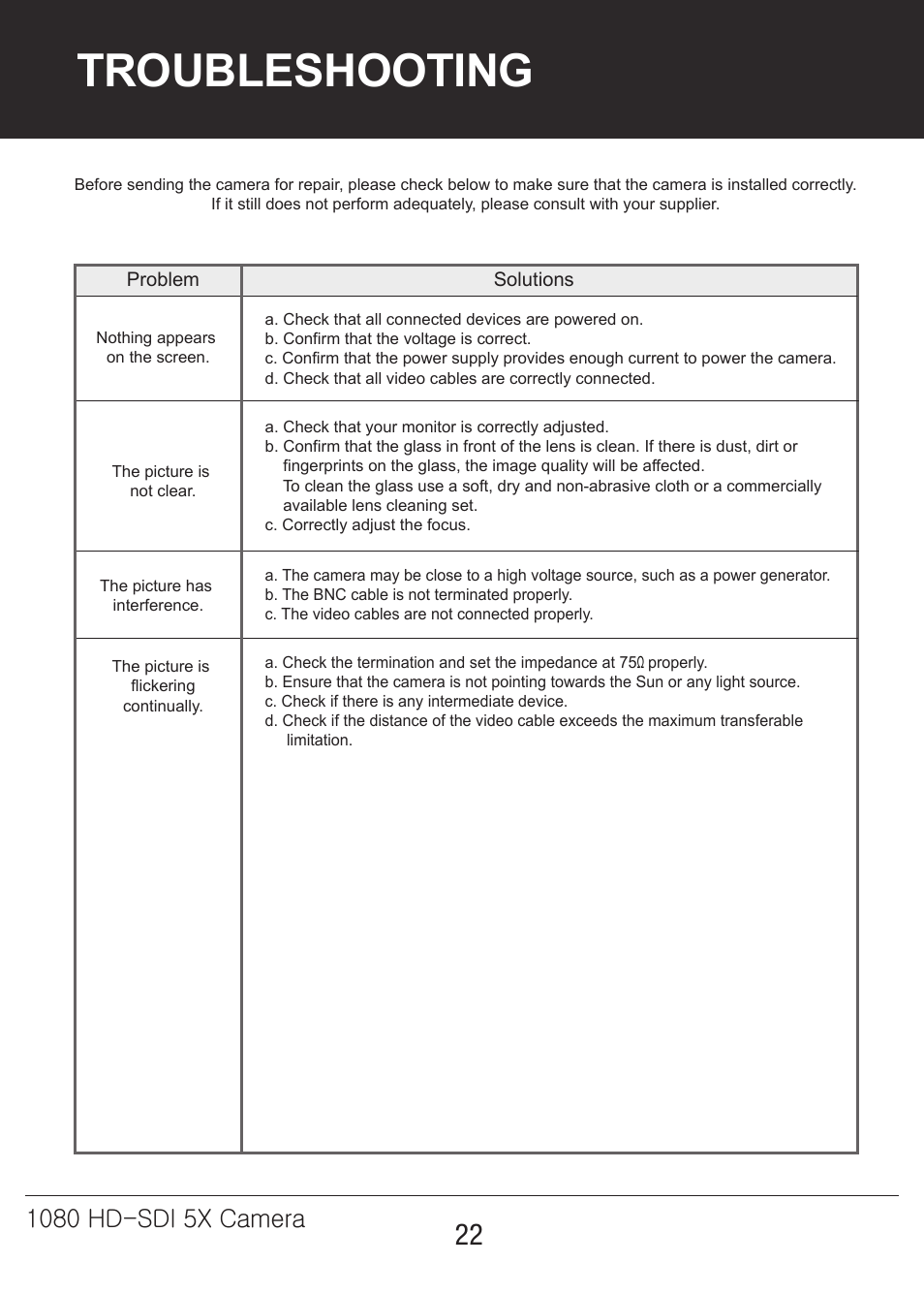 5x-카메라매뉴얼-22, Troubleshooting | Marshall Electronics CV350-5X User Manual | Page 22 / 24