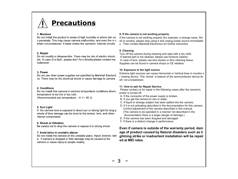 Slide 3, Precautions | Marshall Electronics CV200-MB / M User Manual | Page 3 / 11