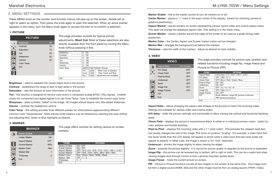 Marshall electronics, M-lynx-702w / menu settings, Menu settings | Marshall Electronics M-LYNX-702W User Manual | Page 4 / 7