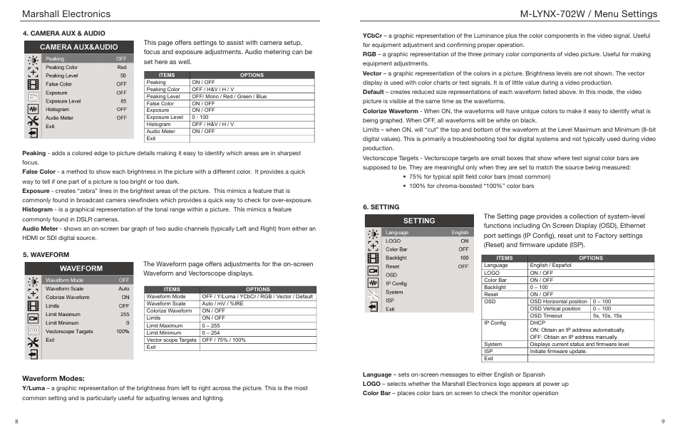 Marshall electronics, M-lynx-702w / menu settings | Marshall Electronics M-LYNX-702W User Manual | Page 5 / 7