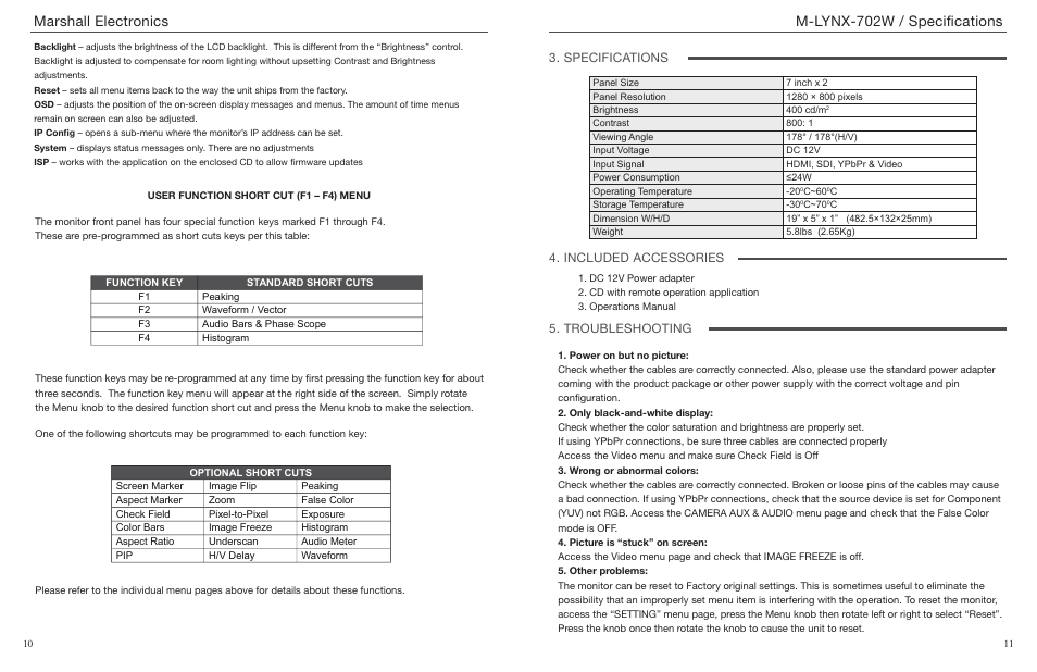 Marshall electronics, M-lynx-702w / specifications | Marshall Electronics M-LYNX-702W User Manual | Page 6 / 7