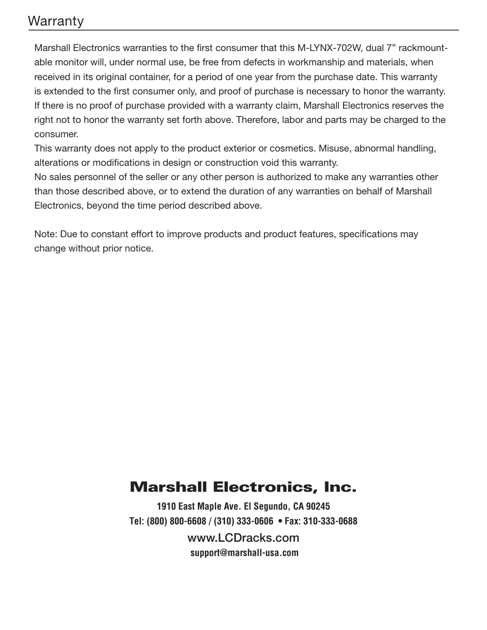 Marshall electronics, inc | Marshall Electronics M-LYNX-702W User Manual | Page 7 / 7