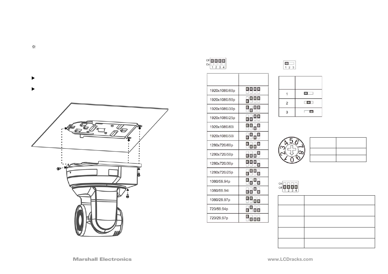 Instruction on dip switch setting, 3 camera address selector, 4 system switch | 1 output switch 4.2 ir select | Marshall Electronics CV620 User Manual | Page 2 / 2