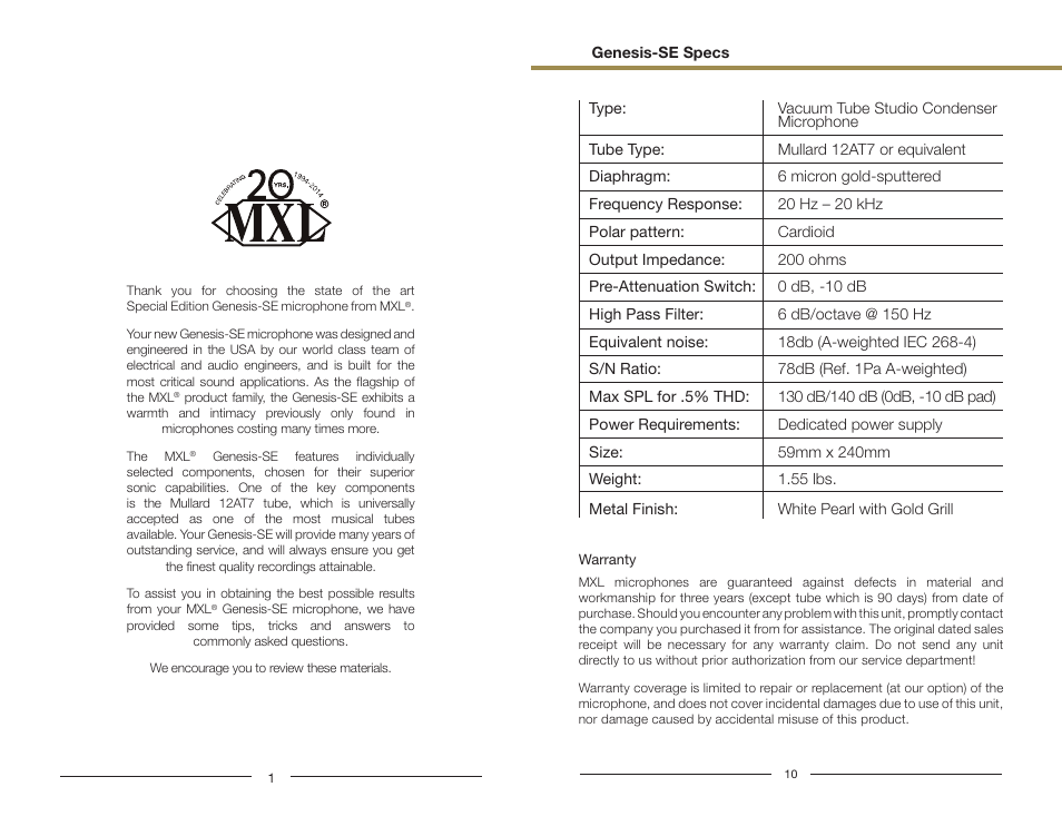 Marshall Electronics MXL Genesis SE User Manual | Page 2 / 6