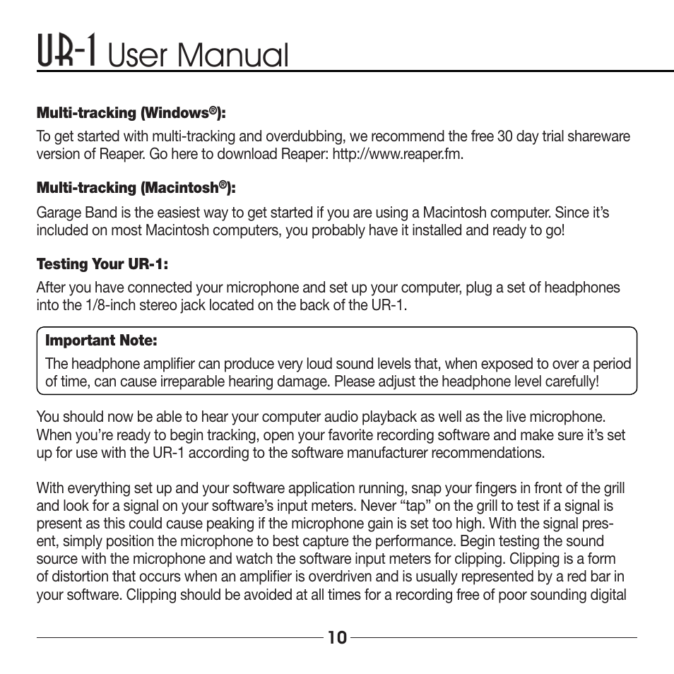 User manual | Marshall Electronics MXL UR-1 User Manual | Page 10 / 12