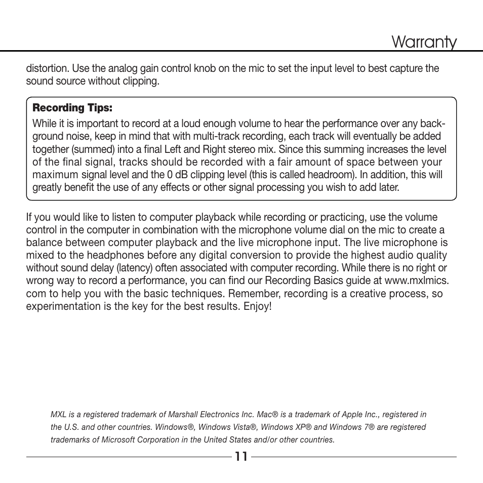 Warranty | Marshall Electronics MXL UR-1 User Manual | Page 11 / 12