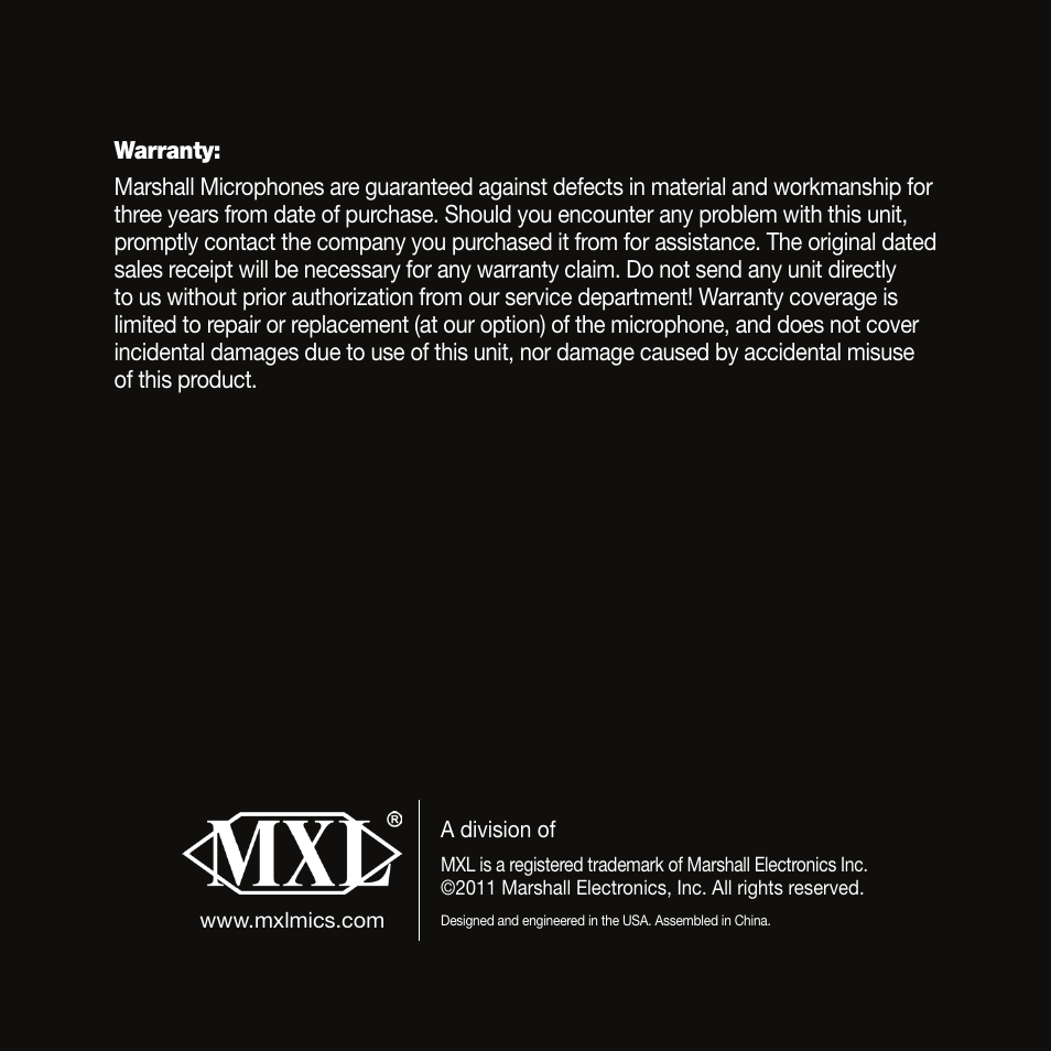 User manual | Marshall Electronics MXL UR-1 User Manual | Page 12 / 12