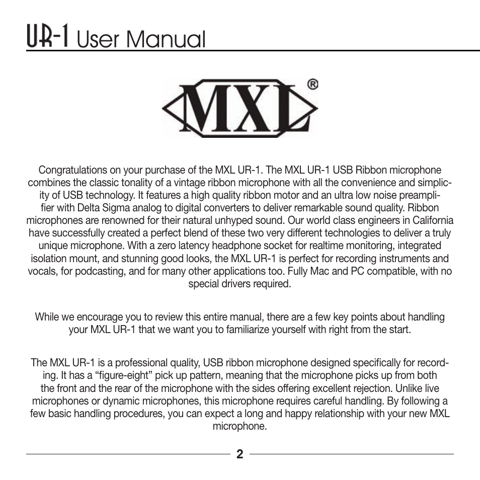 User manual | Marshall Electronics MXL UR-1 User Manual | Page 2 / 12