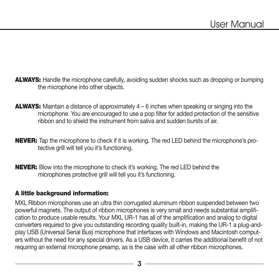 User manual | Marshall Electronics MXL UR-1 User Manual | Page 3 / 12