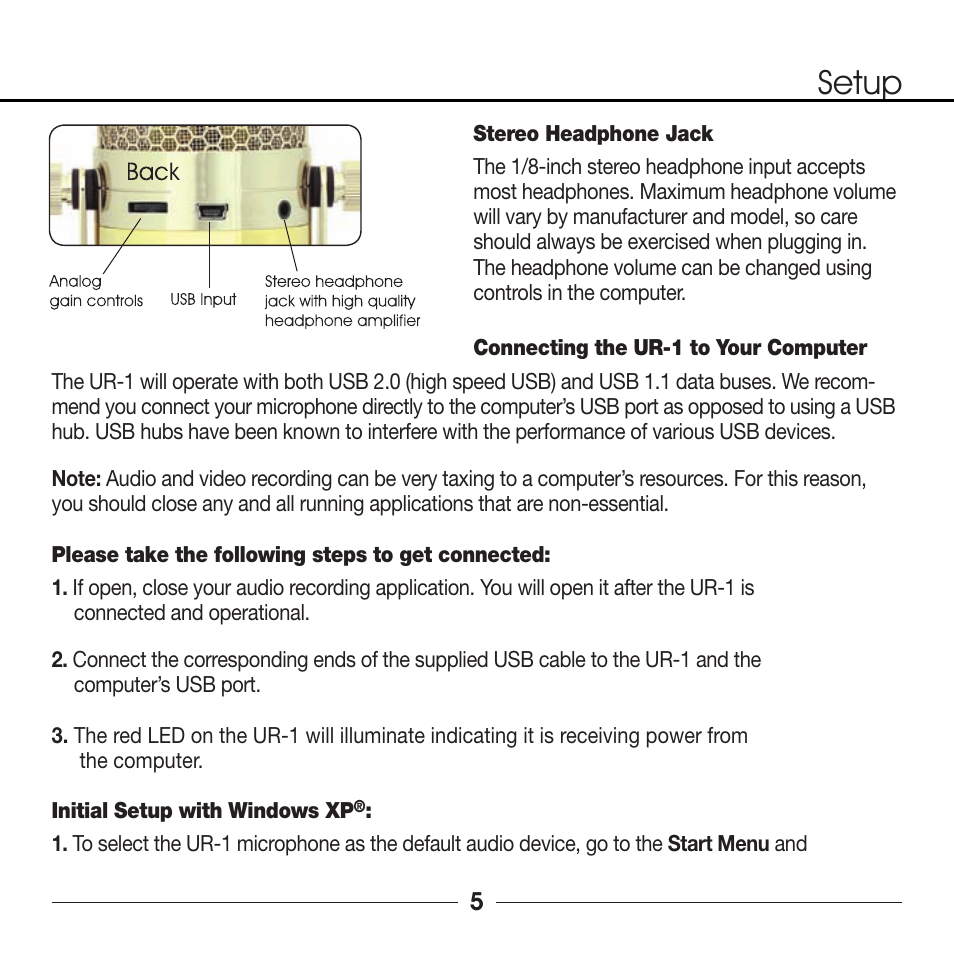 Setup | Marshall Electronics MXL UR-1 User Manual | Page 5 / 12
